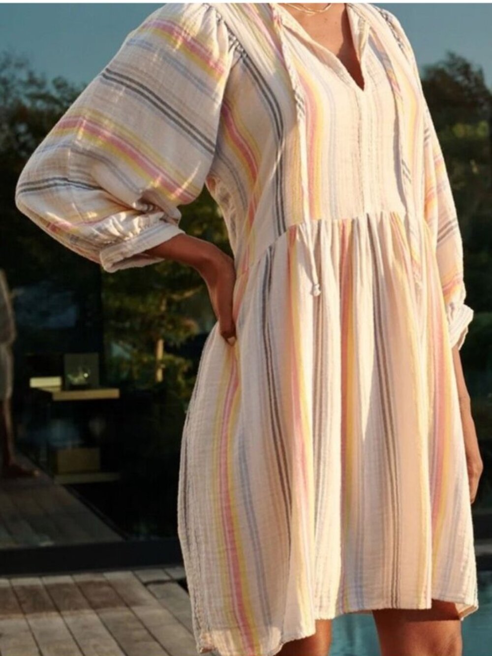 Sundry Cream Gauzy Blouson Dress with Subtle Pastel Stripes